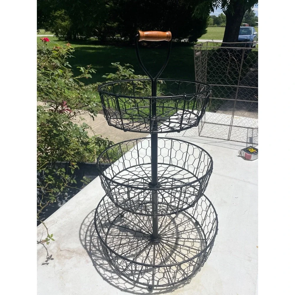 Wire Basket Tray Larger 3 Tier Round Black Fruit Toy Kitchen Bathroom Decor